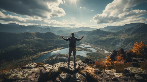 Ein Wanderer mit Rucksack steht am Rande einer Klippe und schaut auf den Sonnenuntergang.