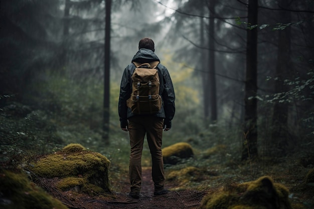 Ein Wanderer mit Rucksack steht im dunklen Wald