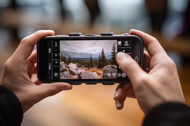 Foto ein wanderer nutzt ein smartphone, um berglandschaften aufzunehmen