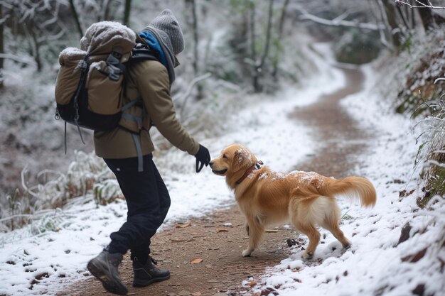 Ein Wanderer unterhält sich mit einem freundlichen Hund auf einem verschneiten Pfad