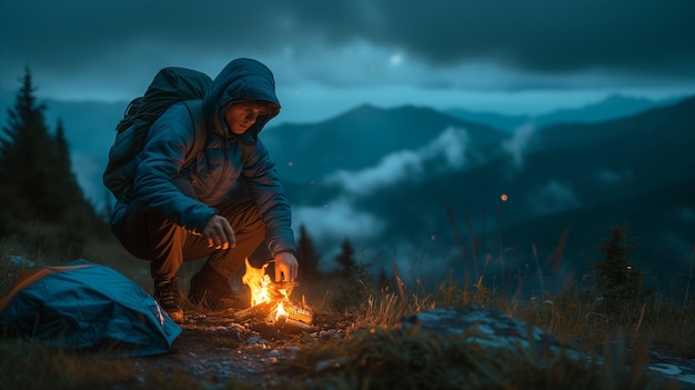 Foto ein wanderer zündet in der dämmerung ein lagerfeuer in den nebelbergen an