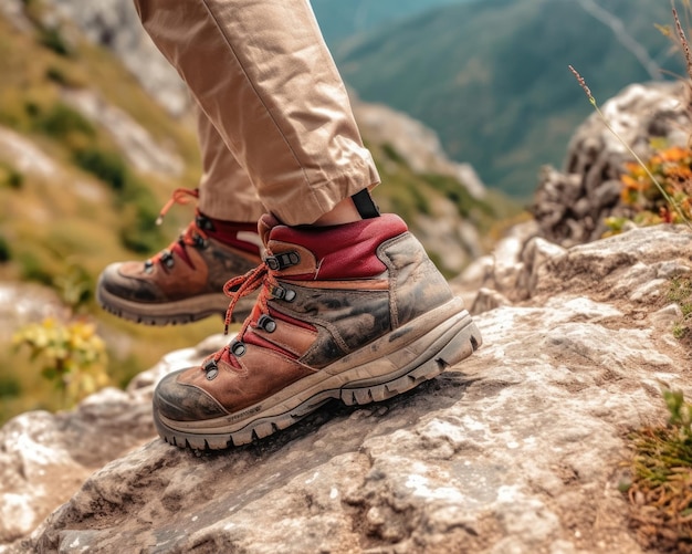 Ein Wanderschuh aus Leder erstellte eine Nahaufnahme eines Wanderers. Generative KI