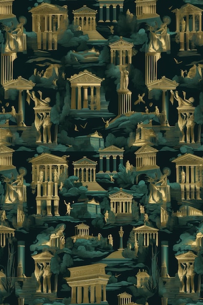 Ein Wandteppich von zeitloser Eleganz, der antike griechische Tempel in einer sich wiederholenden viktorianischen Tapete enthüllt