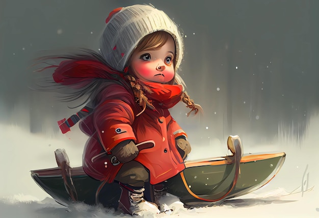 Ein warm gekleidetes Mädchen, das im Winter einen Hügel hinunter rodelt