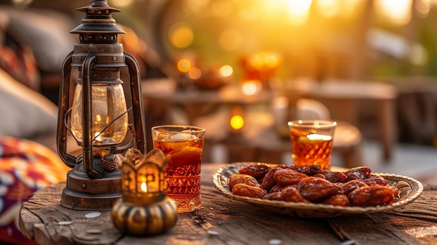 Ein warmer Sonnenuntergang badet einen Tisch mit einer Laterne, Datteln und Tee in einer ruhigen Ramadan-Umgebung