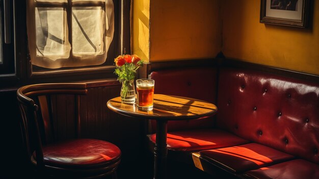 Ein warmes Café mit Bier und roten Blumen