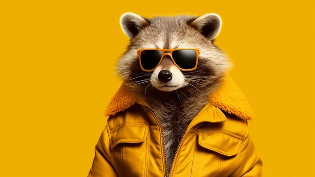 Foto ein waschbär, der eine gelbe jacke und eine sonnenbrille trägt
