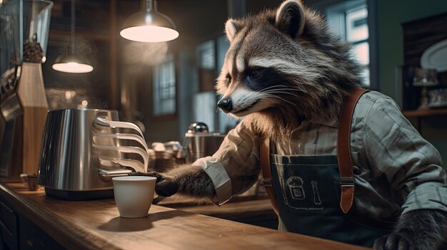 Foto ein waschbär, der kaffee serviert