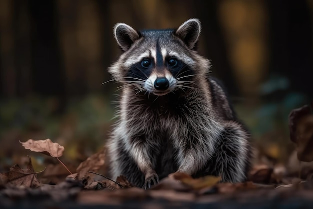 Ein Waschbär im Wald mit Blättern auf dem Boden Generative KI