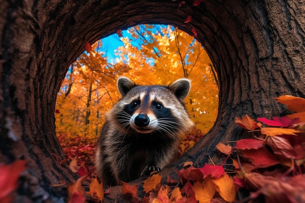 Ein Waschbär in einem Baum mit Herbstlaub