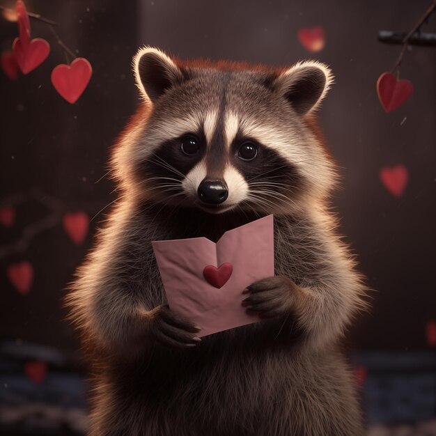 Foto ein waschbär mit einer valentinstagskarte