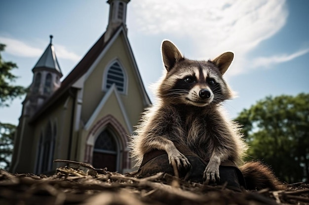 Ein Waschbär sitzt auf einem Baumstamm vor einer Kirche.