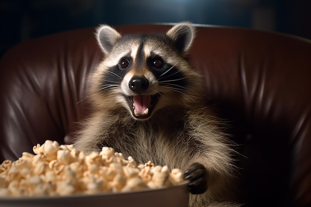 Ein Waschbär sitzt auf einer Couch und betrachtet einen großen Eimer Popcorn.