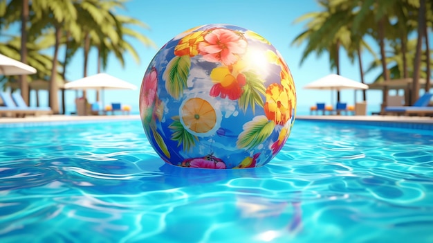 Ein Wasserball schwimmt in einem Pool mit Palmen im Hintergrund.