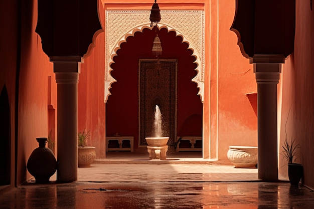 Ein Wasserbrunnen in einem Tempel mit einem Brunnen in der Mitte.