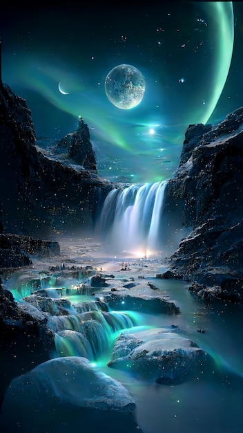 Ein Wasserfall am Himmel mit einem Planeten im Hintergrund