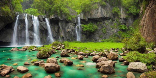 Ein Wasserfall auf einer grünen Wiese mit einem Wasserfall im Hintergrund