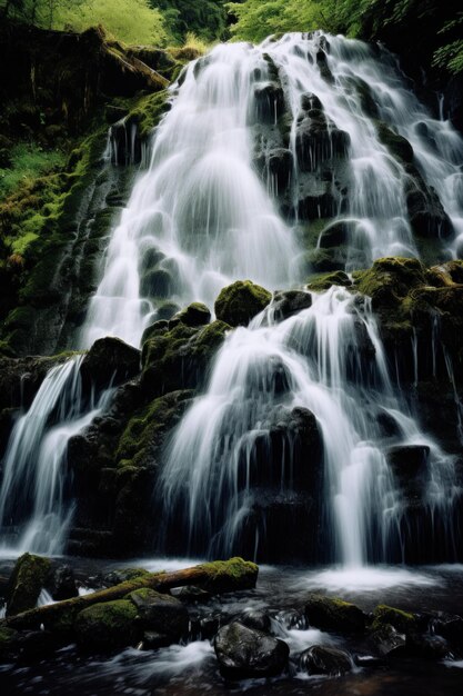 Foto ein wasserfall, der einen hügel im wald hinunterfällt