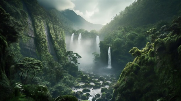 Ein Wasserfall im Dschungel mit grünem Hintergrund