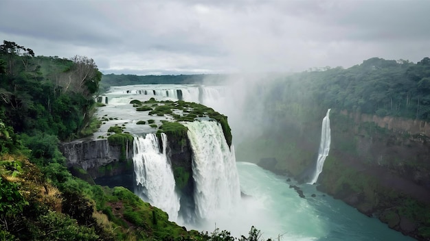 Ein Wasserfall im Iguazu-Nationalpark, umgeben von Wäldern, die unter einem bewölkten Himmel mit Nebel bedeckt sind