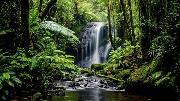 Ein Wasserfall im Regenwald mit grünen Bäumen und Moos.