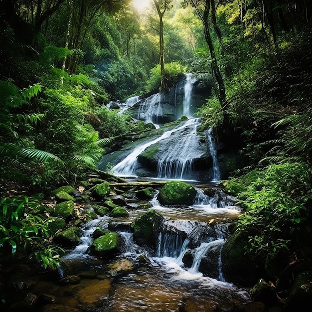 Ein Wasserfall im Wald, auf den die Sonne scheint.