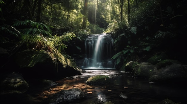 Ein Wasserfall im Wald, auf den die Sonne scheint.