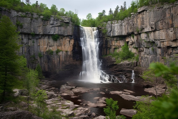 Ein Wasserfall im Wald mit Bäumen im Hintergrund