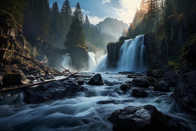 Ein Wasserfall im Wald mit einem Berg im Hintergrund.