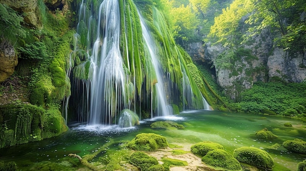 ein Wasserfall im Wald mit grünem Moos auf den Felsen