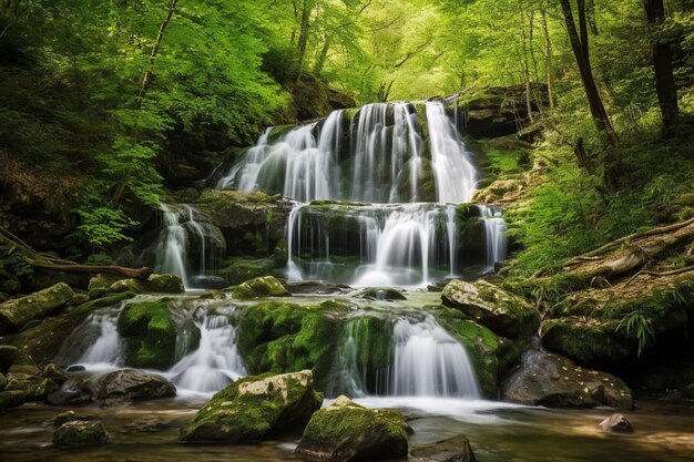 Ein Wasserfall im Wald mit grünem Moos auf den Felsen