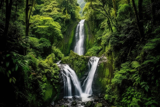 Ein Wasserfall im Wald mit grünen Bäumen