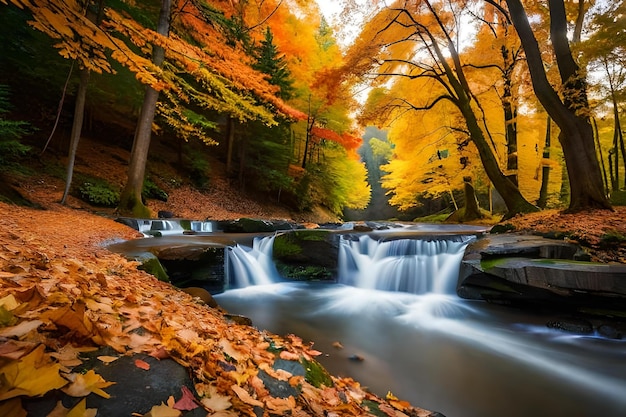 Ein Wasserfall im Wald mit Herbstfarben