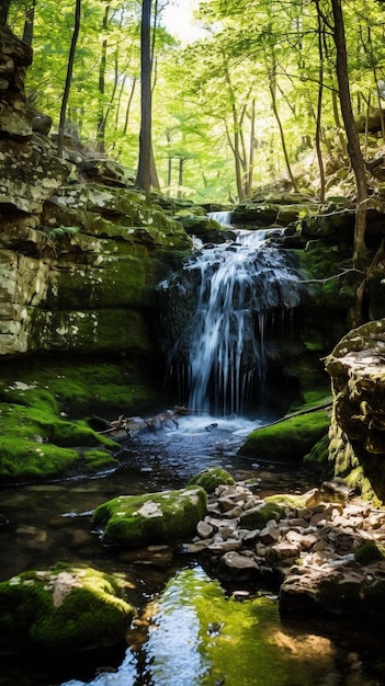 Ein Wasserfall im Wald mit Moos, das auf den Felsen wächst