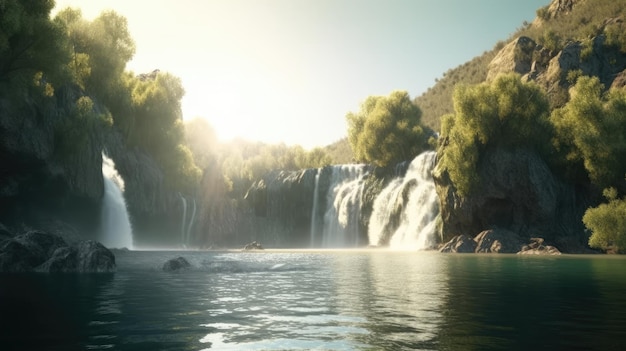 Ein Wasserfall in den Bergen mit einem Fluss im Vordergrund
