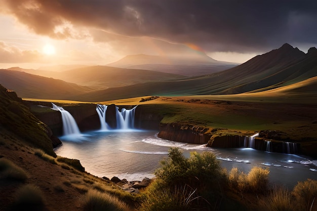 Ein Wasserfall in den Bergen mit einem Sonnenuntergang dahinter