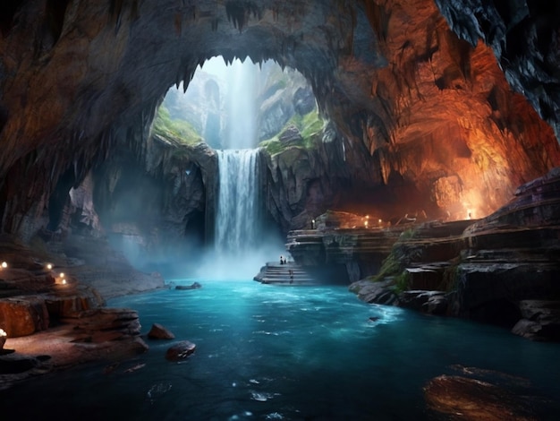 ein Wasserfall in der Mitte einer Höhle mit einem Wasserfall im Hintergrund