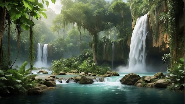 Ein Wasserfall in einem Dschungel mit grünen Pflanzen und blauem Wasser
