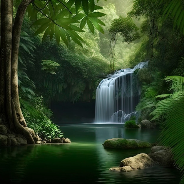 Ein Wasserfall in einem tropischen Wald mit grünem Hintergrund.