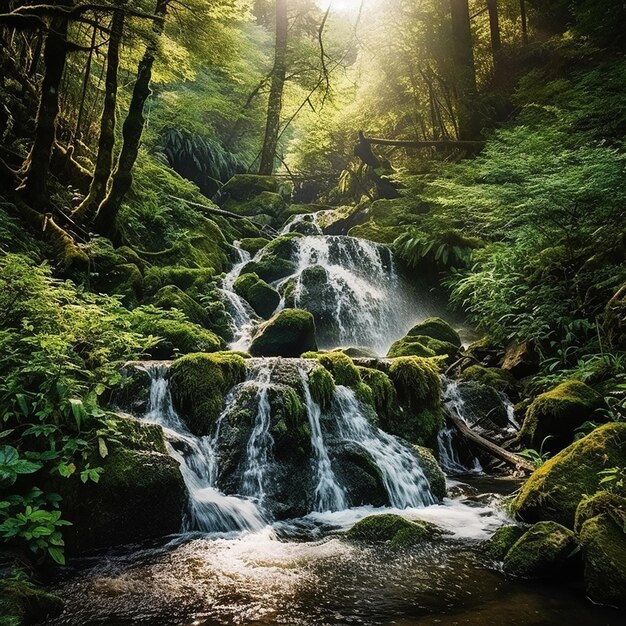 Ein Wasserfall in einem Wald, auf den die Sonne scheint.