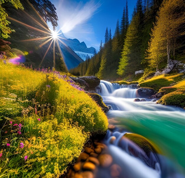 Ein Wasserfall in einem Wald, auf den die Sonne scheint