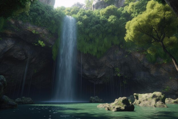 Ein Wasserfall in einem Wald mit Bäumen und Wasser Generative Ai