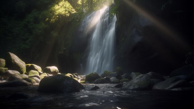 Ein Wasserfall in einem Wald mit der Sonne, die durch die Bäume scheint