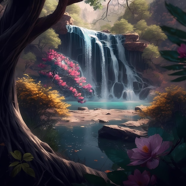 Ein Wasserfall in einem Wald mit einem Baum im Vordergrund und einem Wasserfall im Hintergrund.