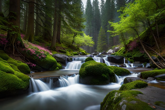 Ein Wasserfall in einem Wald mit grünem Hintergrund und einem grünen Wald im Hintergrund.