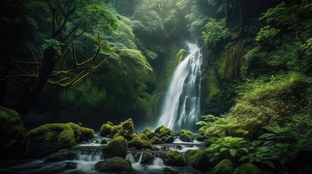 Ein Wasserfall in einem Wald mit grünem Moos und Bäumen