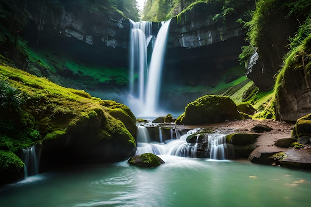 Ein Wasserfall in einem Wald mit Moos auf den Felsen