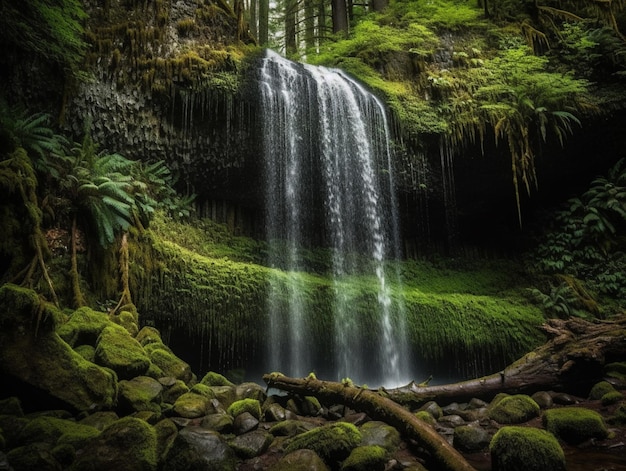 Ein Wasserfall in einem Wald mit Moos und Moos
