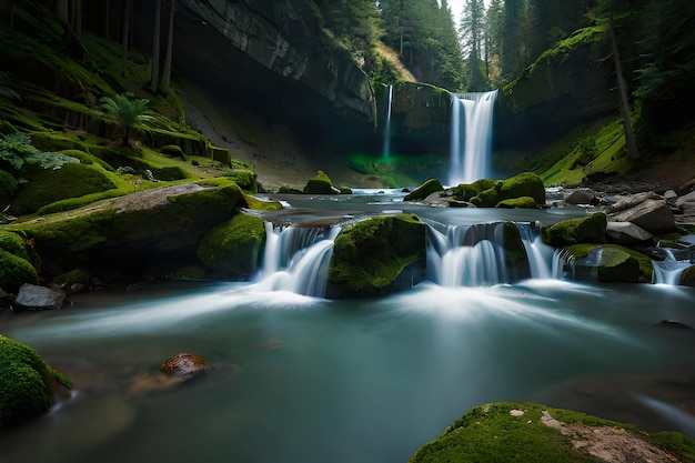 Ein Wasserfall in einem Wald mit moosigen Felsen und einem grünen moosigen Wald.