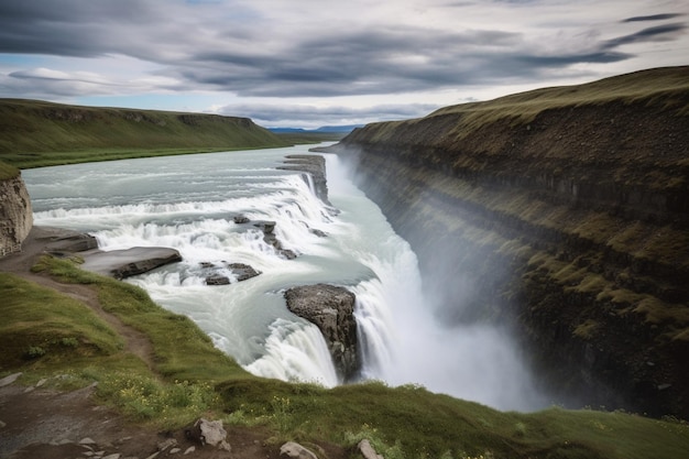 Ein Wasserfall in Island mit bewölktem Himmel